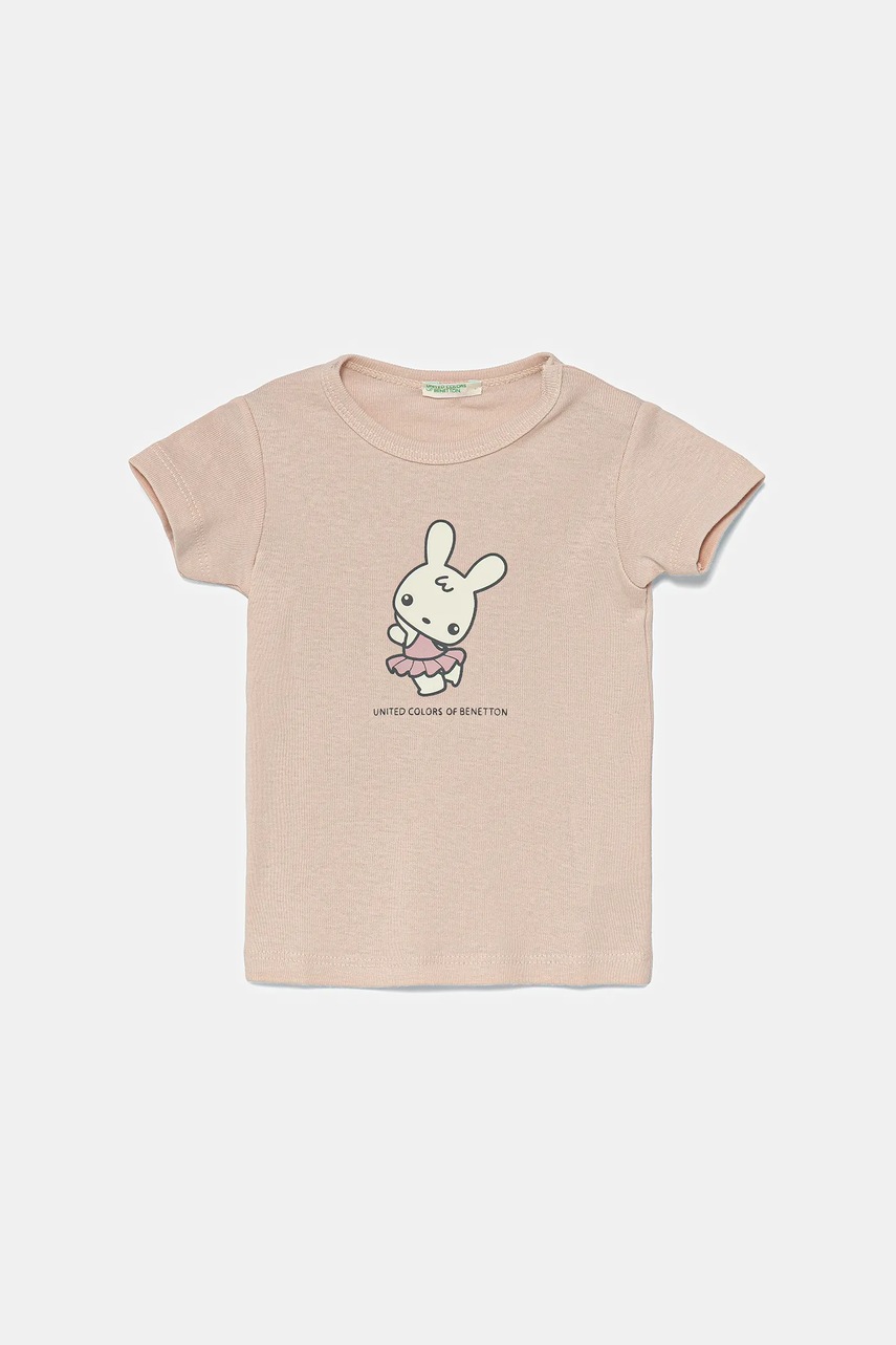 United Colors of Benetton tricou din bumbac pentru bebelusi culoarea roz, cu imprimeu, 3I9WA1062