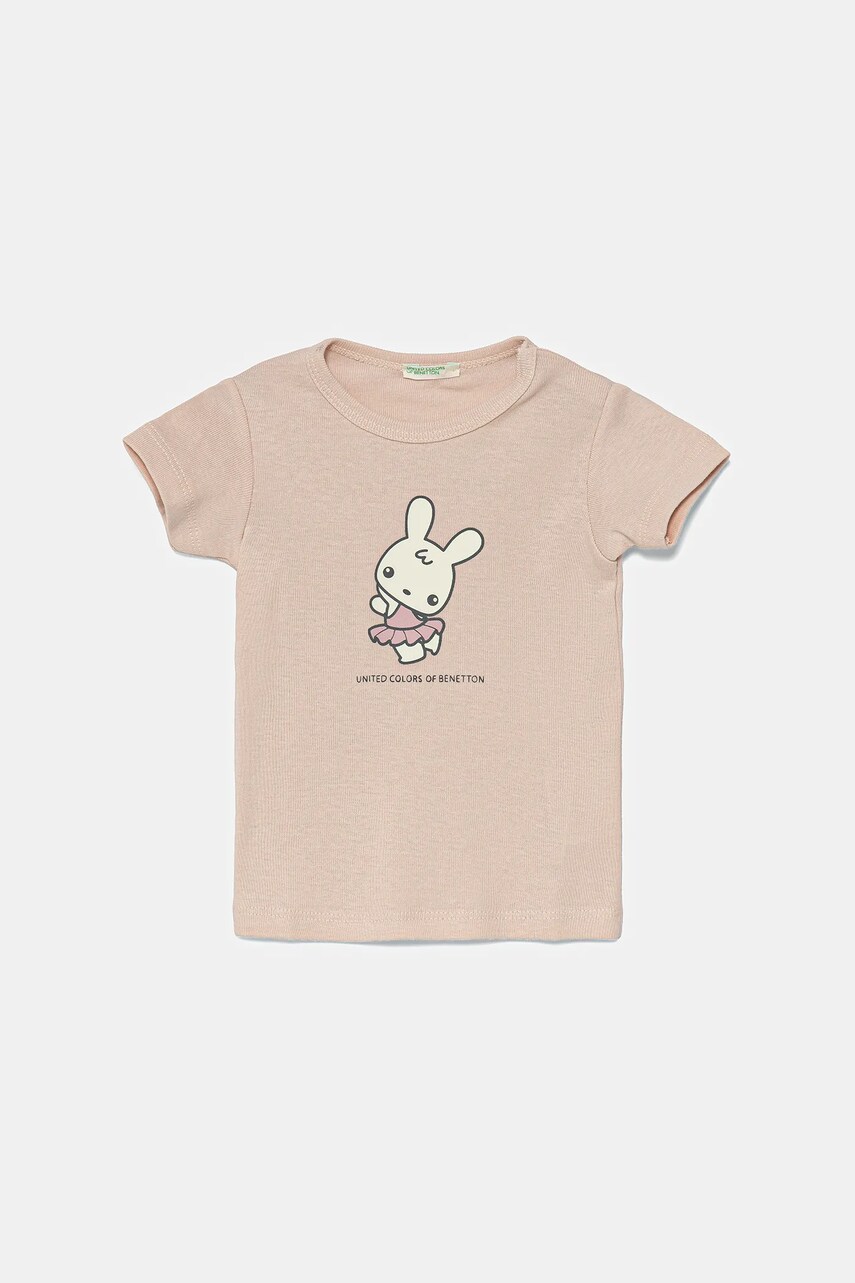 United Colors of Benetton tricou din bumbac pentru bebelusi culoarea roz, cu imprimeu, 3I9WA1062