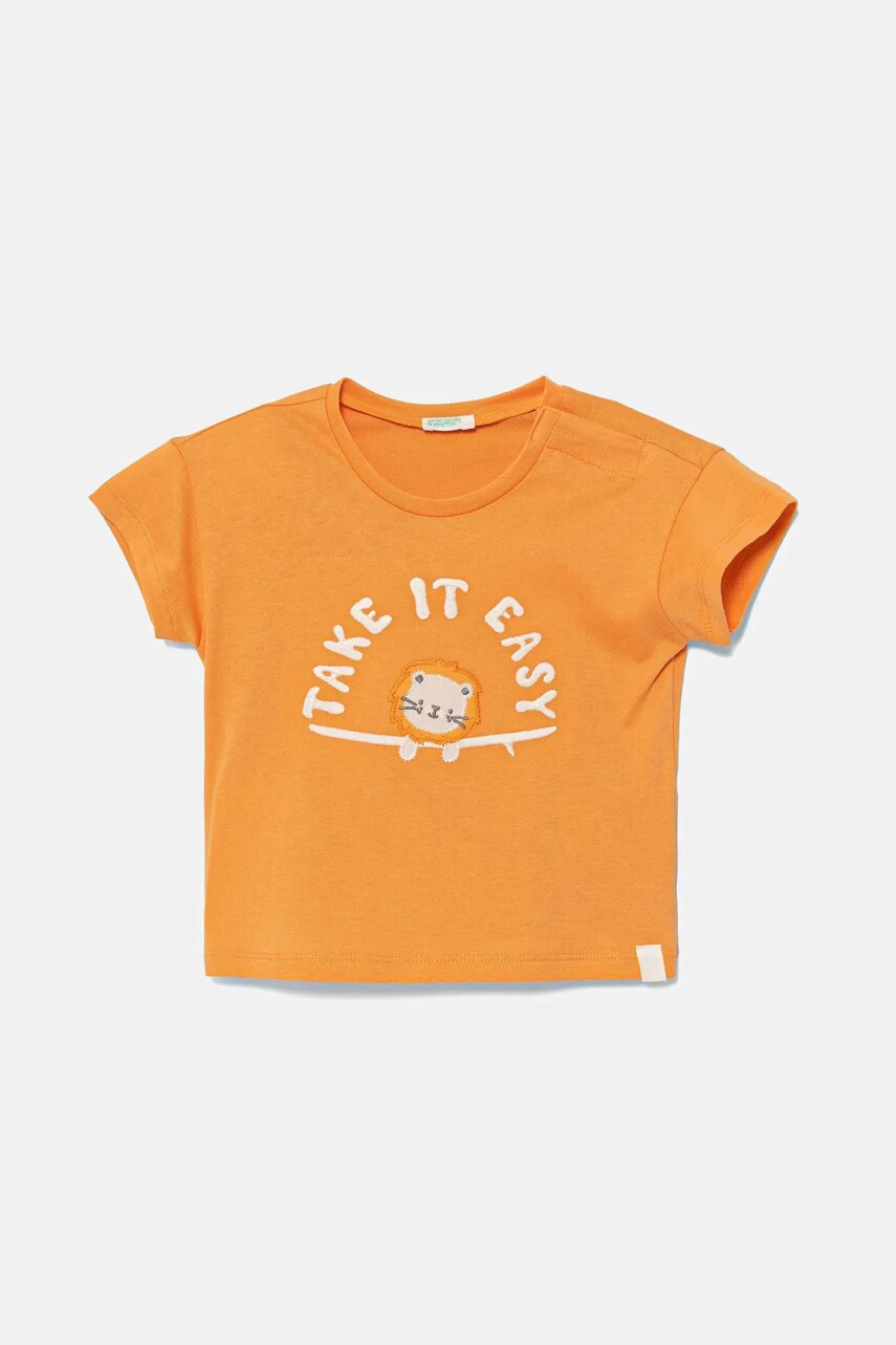 United Colors of Benetton tricou din bumbac pentru bebelusi culoarea portocaliu, cu imprimeu, 3096A106D