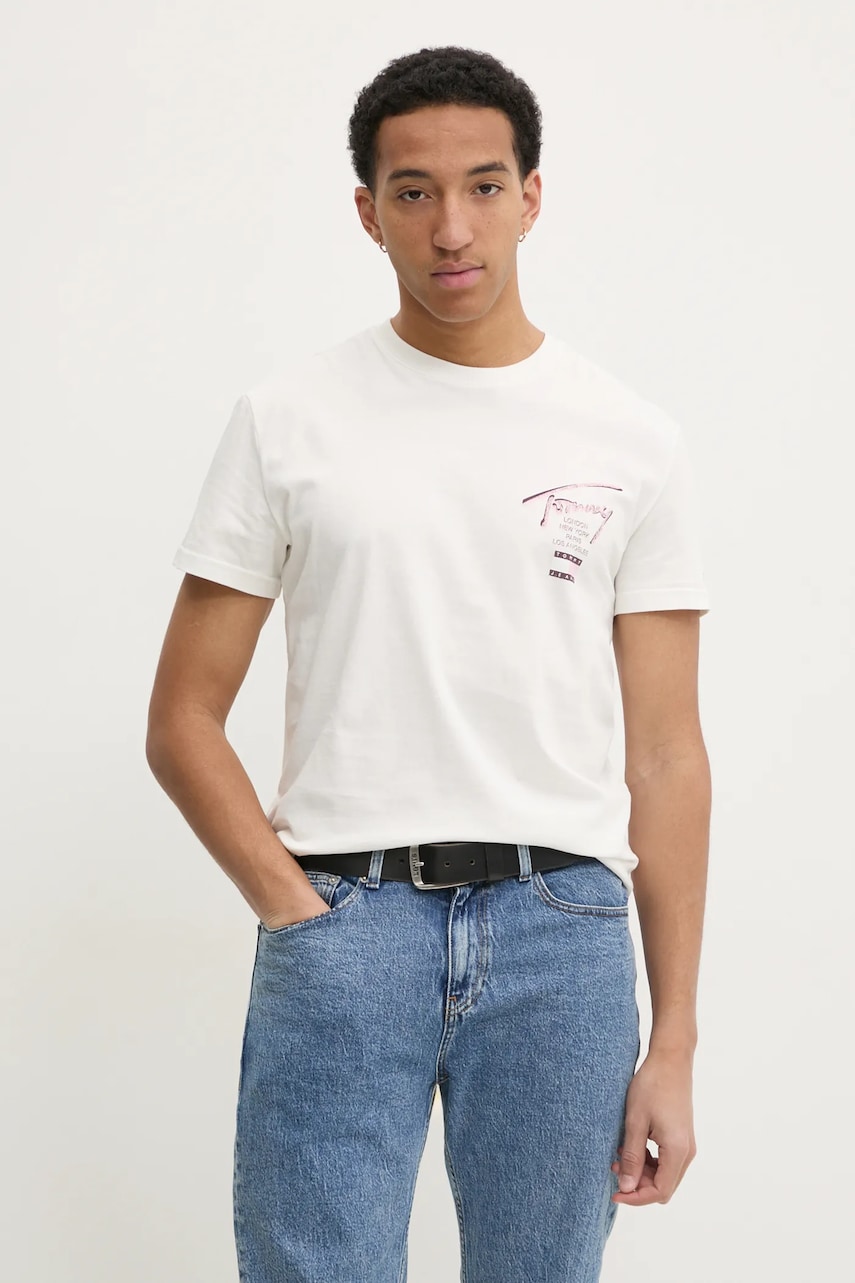 Tommy Jeans tricou din bumbac barbati, culoarea bej, cu imprimeu, DM0DM21106