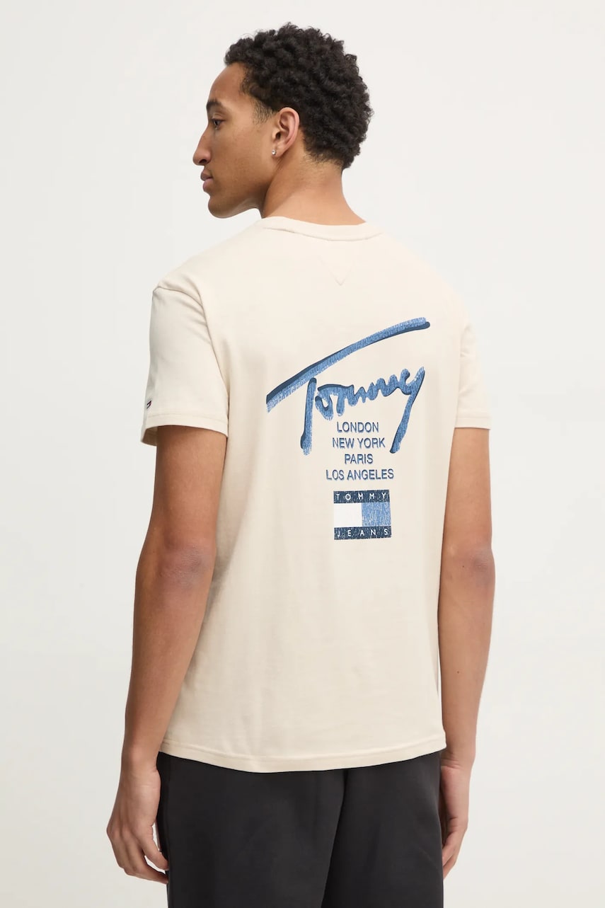Tommy Jeans tricou din bumbac barbati, culoarea bej, cu imprimeu, DM0DM21106