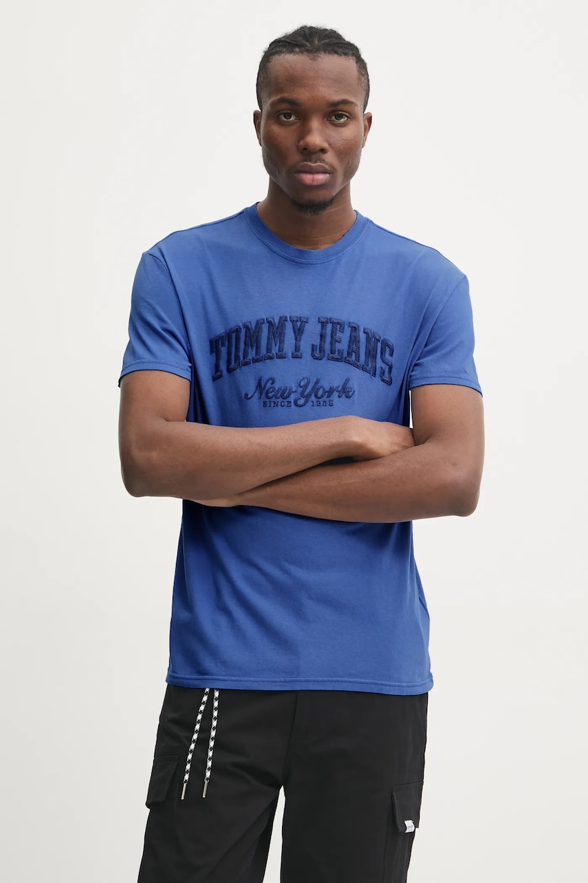 Tommy Jeans tricou din bumbac barbati, culoarea turcoaz, cu imprimeu, DM0DM20356 Tommy Jeans tricou din bumbac barbati, culoarea turcoaz, cu imprimeu, DM0DM20356