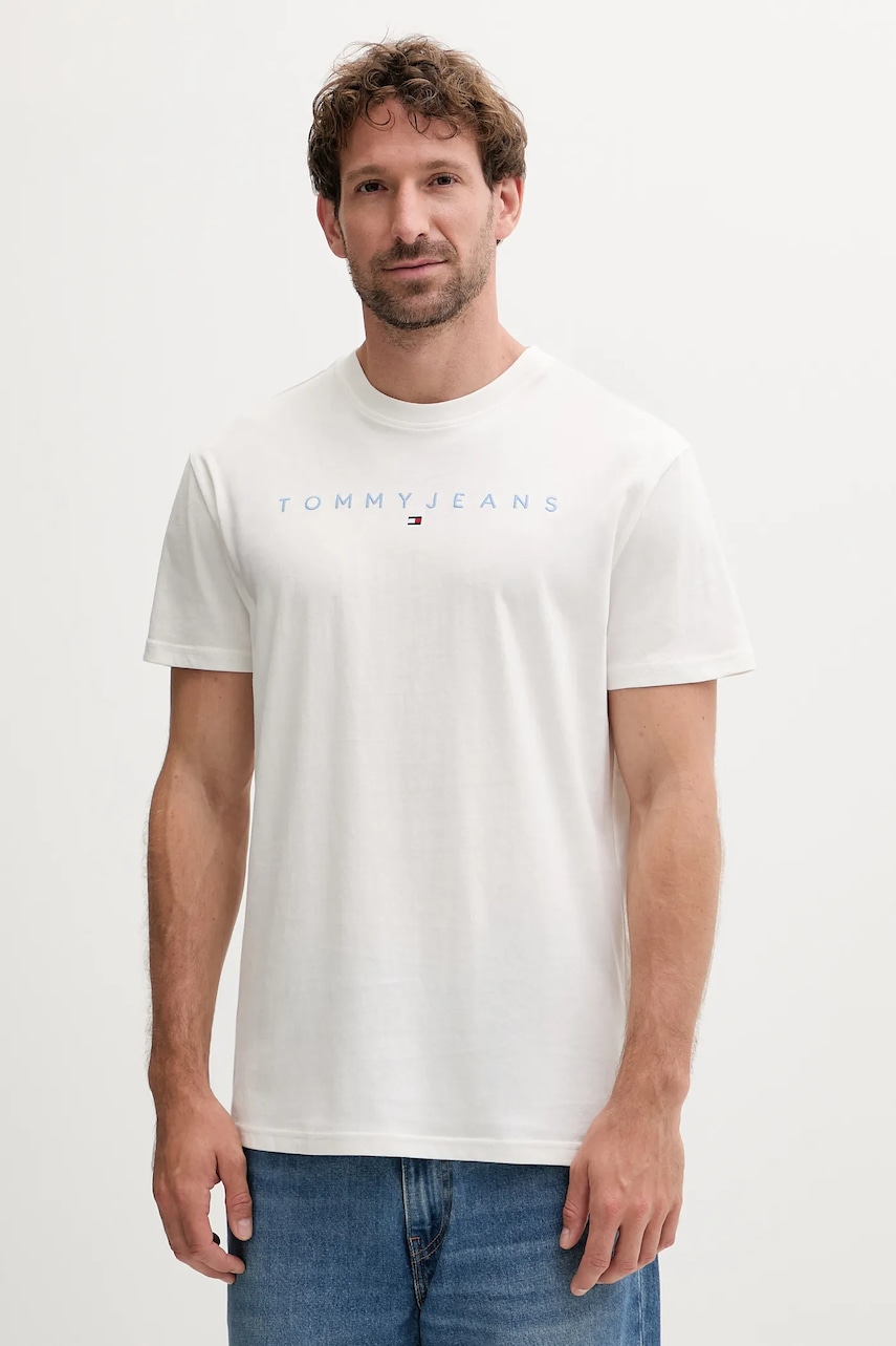 Tommy Jeans tricou din bumbac culoarea bej, cu imprimeu, DM0DM20744