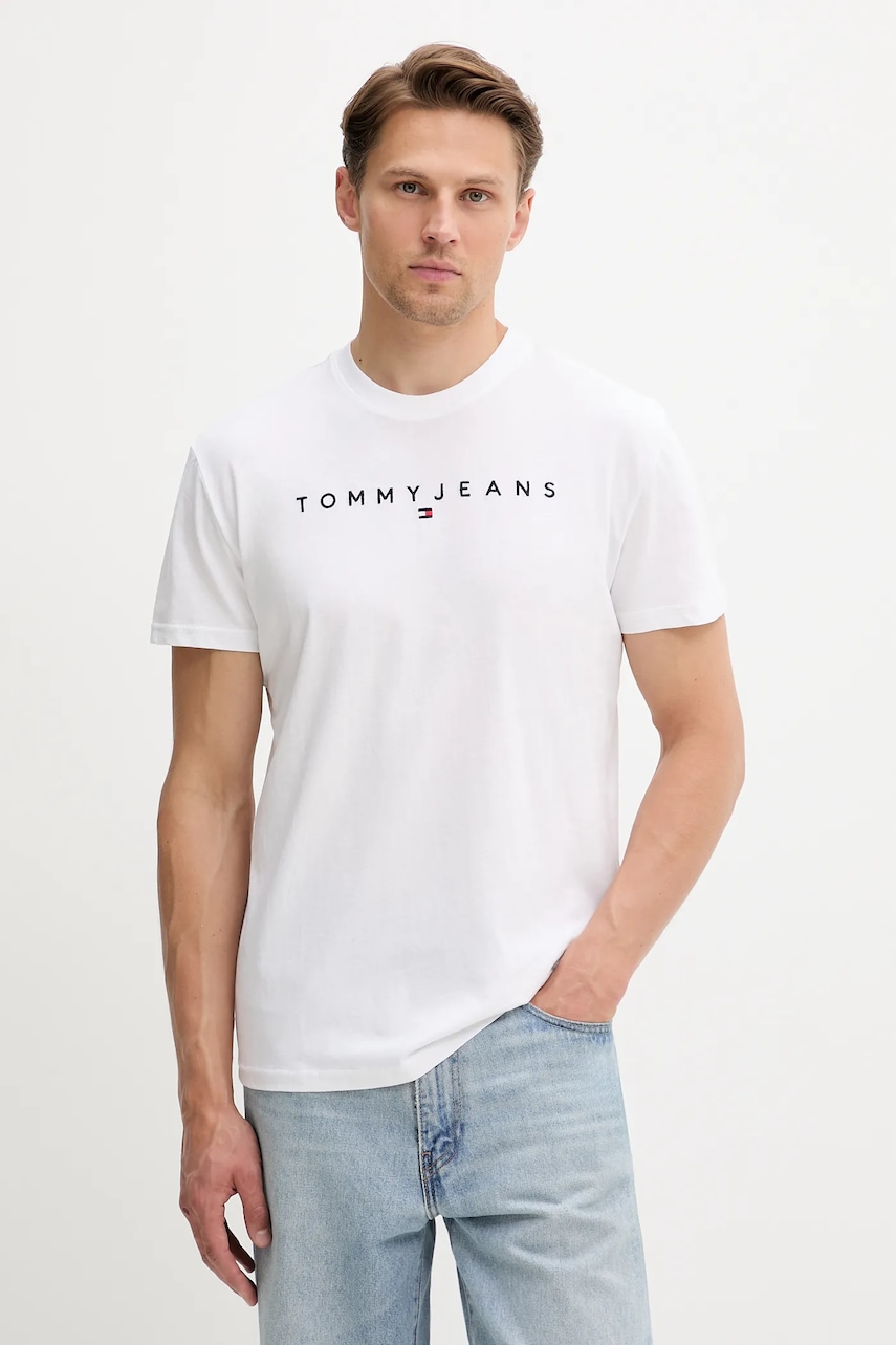 Tommy Jeans tricou din bumbac culoarea bej, cu imprimeu, DM0DM20744