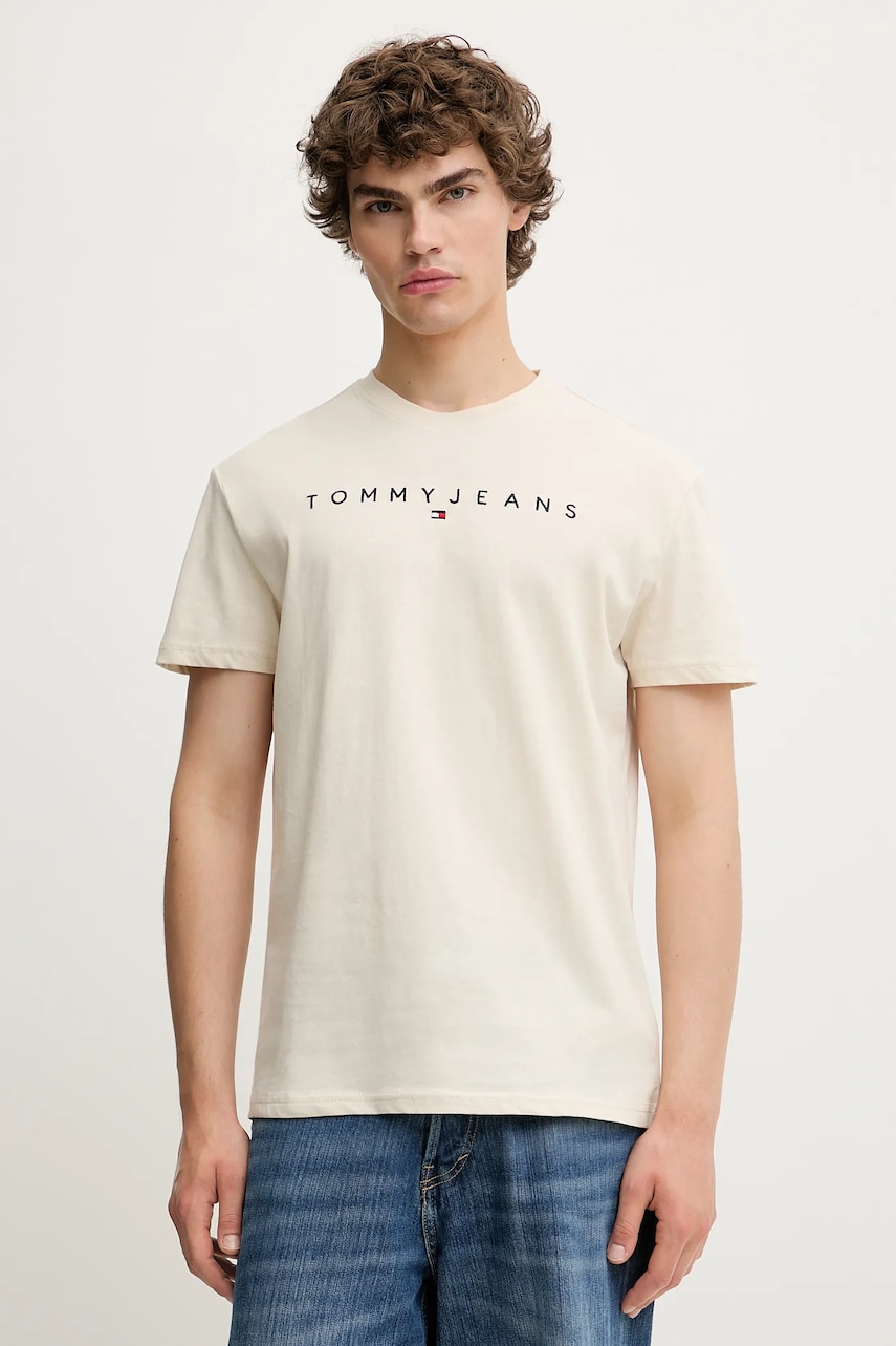 Tommy Jeans tricou din bumbac culoarea bej, cu imprimeu, DM0DM20744