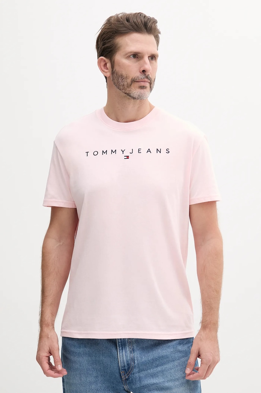 Tommy Jeans tricou din bumbac barbati, culoarea roz, cu imprimeu, DM0DM20744