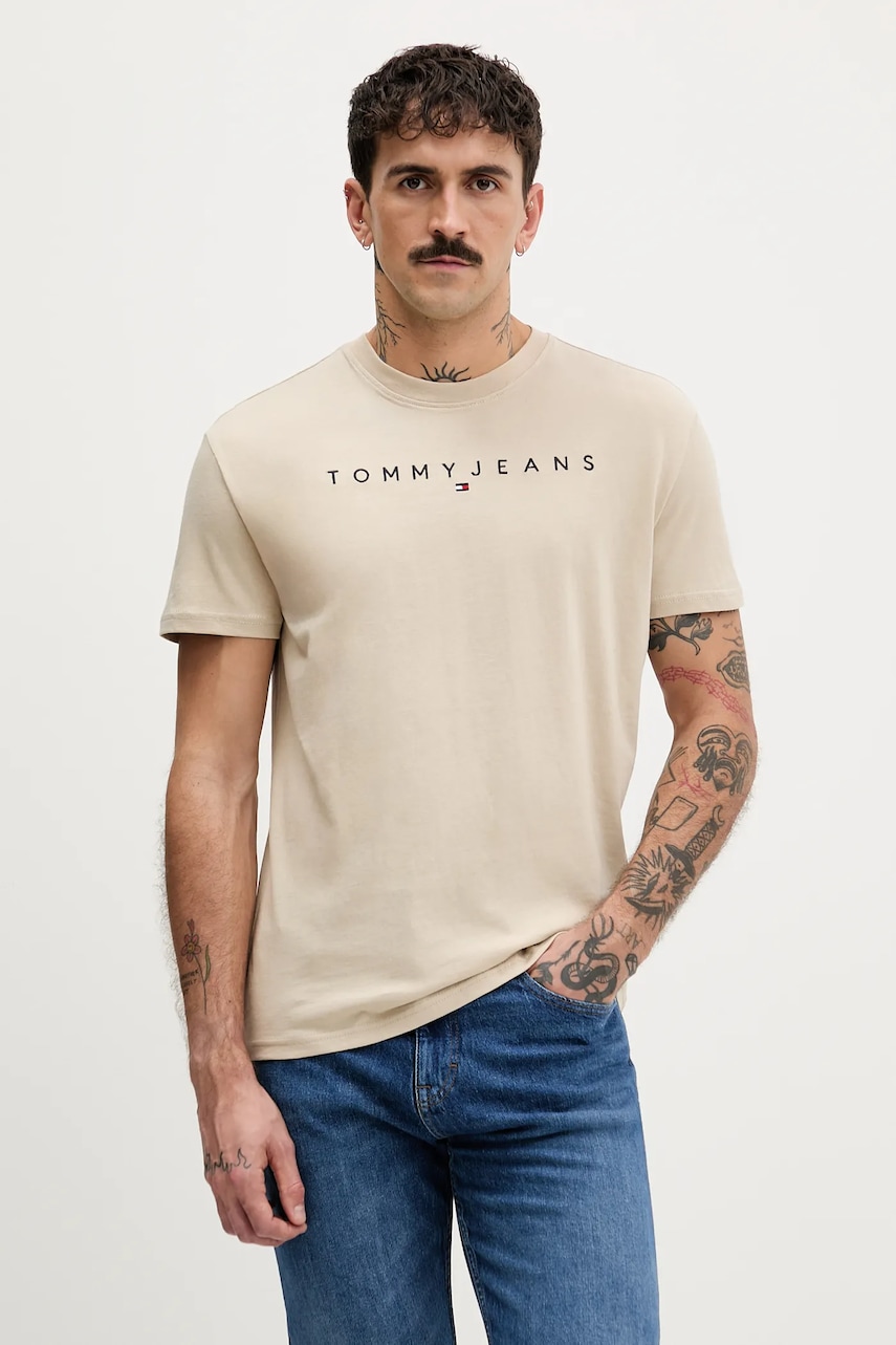 Tommy Jeans tricou din bumbac culoarea bej, cu imprimeu, DM0DM20744