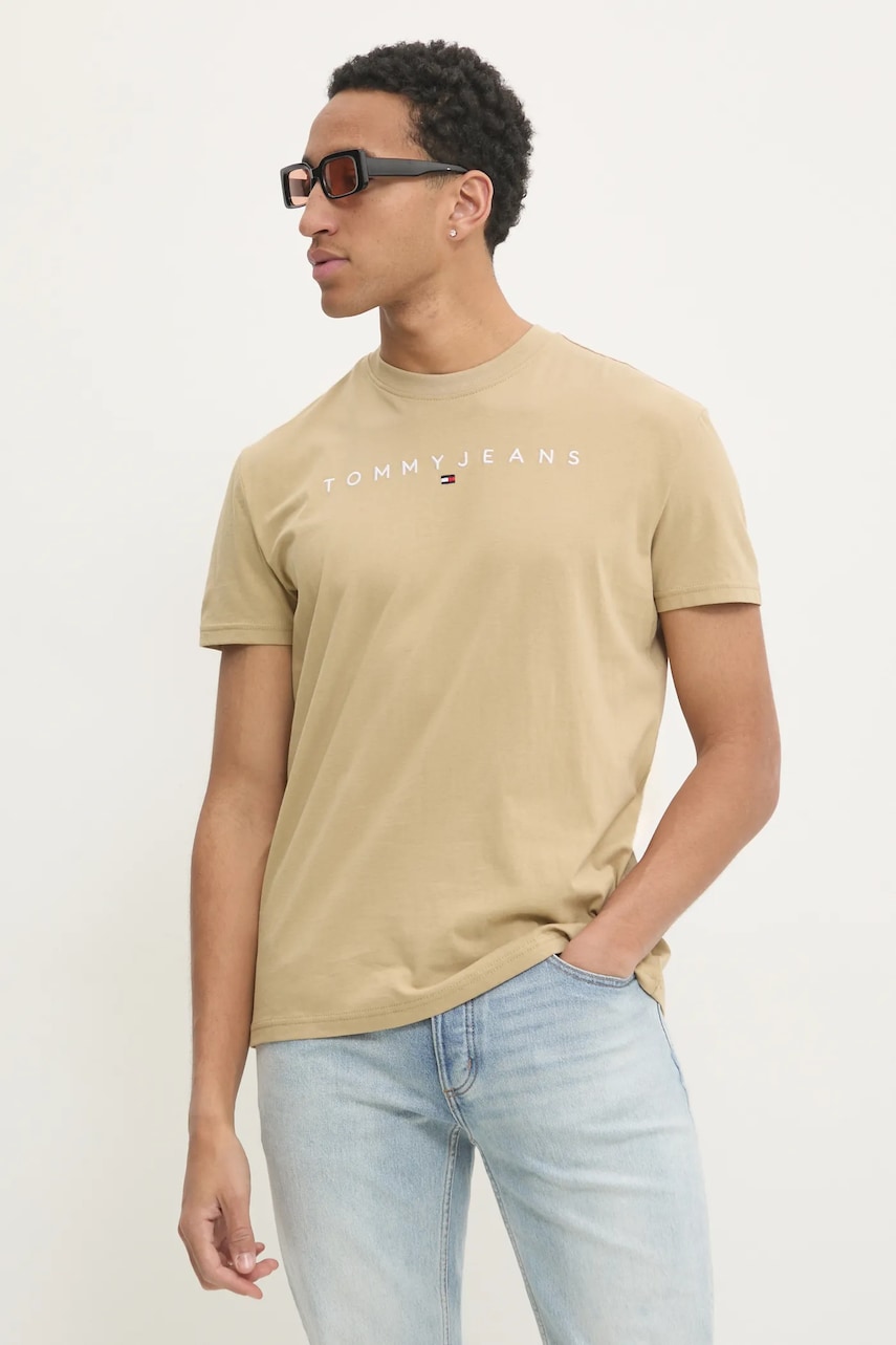 Tommy Jeans tricou din bumbac barbati, culoarea bej, cu imprimeu, DM0DM20744