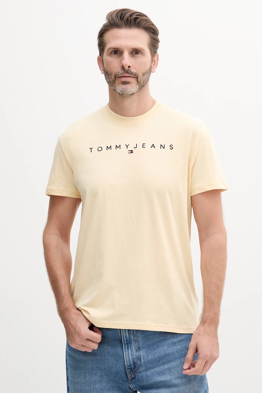 Tommy Jeans tricou din bumbac barbati, culoarea galben, cu imprimeu, DM0DM20744