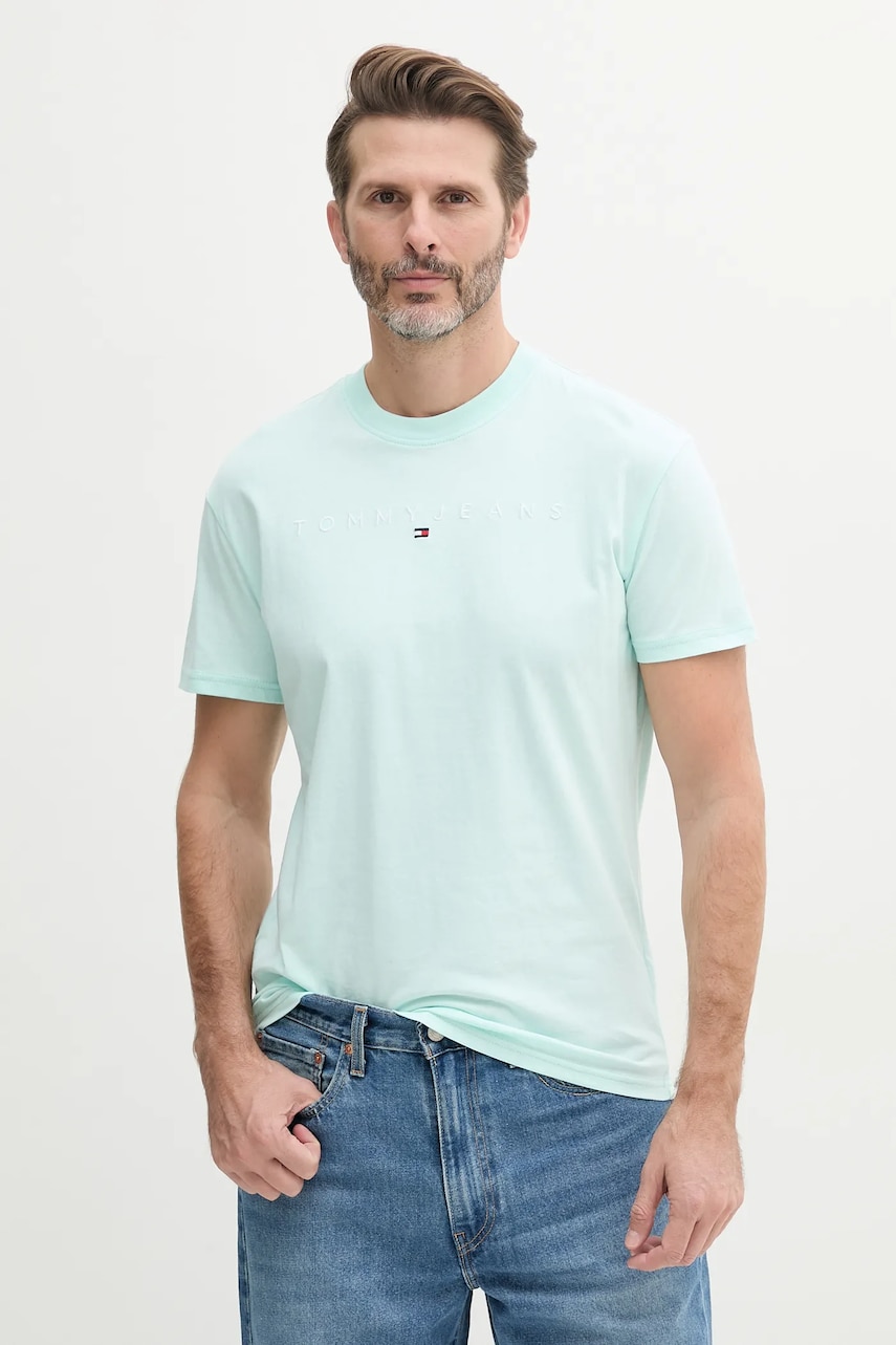 Tommy Jeans tricou din bumbac barbati, culoarea turcoaz, cu imprimeu, DM0DM20744 Tommy Jeans tricou din bumbac barbati, culoarea turcoaz, cu imprimeu, DM0DM20744
