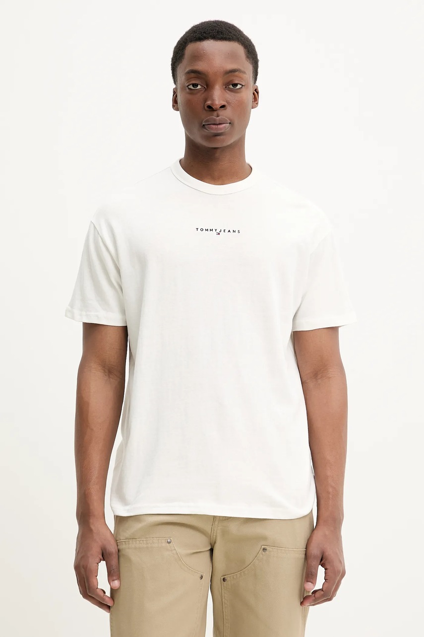 Tommy Jeans tricou din bumbac barbati, culoarea bej, cu imprimeu, DM0DM21110