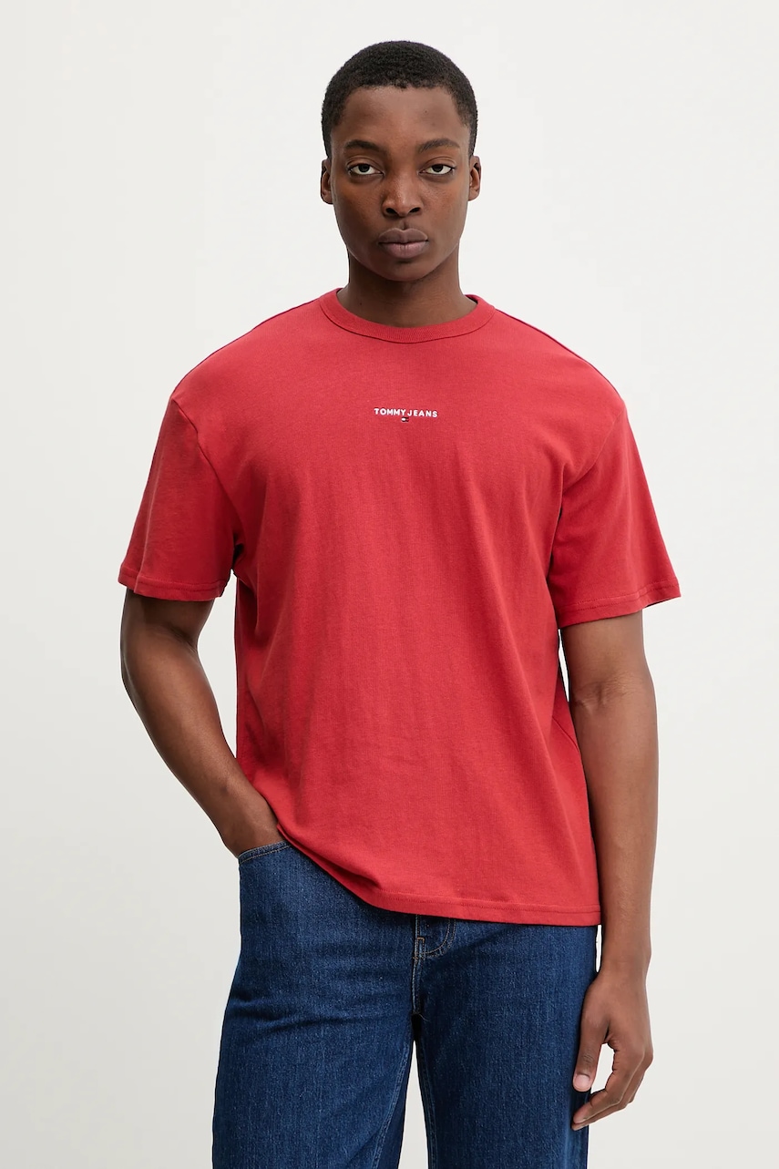 Tommy Jeans tricou din bumbac culoarea bej, cu imprimeu, DM0DM21110