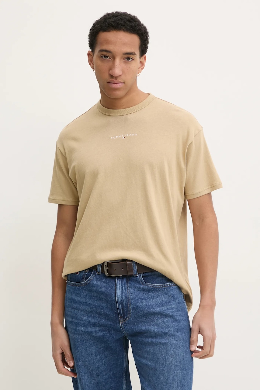 Tommy Jeans tricou din bumbac bărbați, culoarea bej, cu imprimeu, DM0DM21110 Tommy Jeans tricou din bumbac bărbați, culoarea bej, cu imprimeu, DM0DM21110