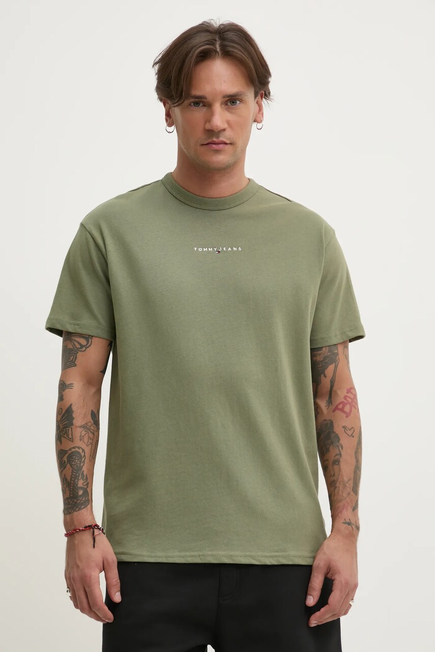 Tommy Jeans tricou din bumbac barbati, culoarea bej, cu imprimeu, DM0DM21110