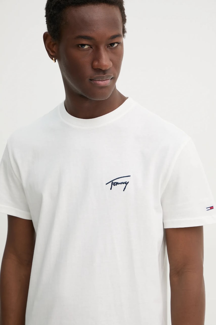 Tommy Jeans tricou din bumbac barbati, culoarea alb, cu imprimeu, DM0DM21140