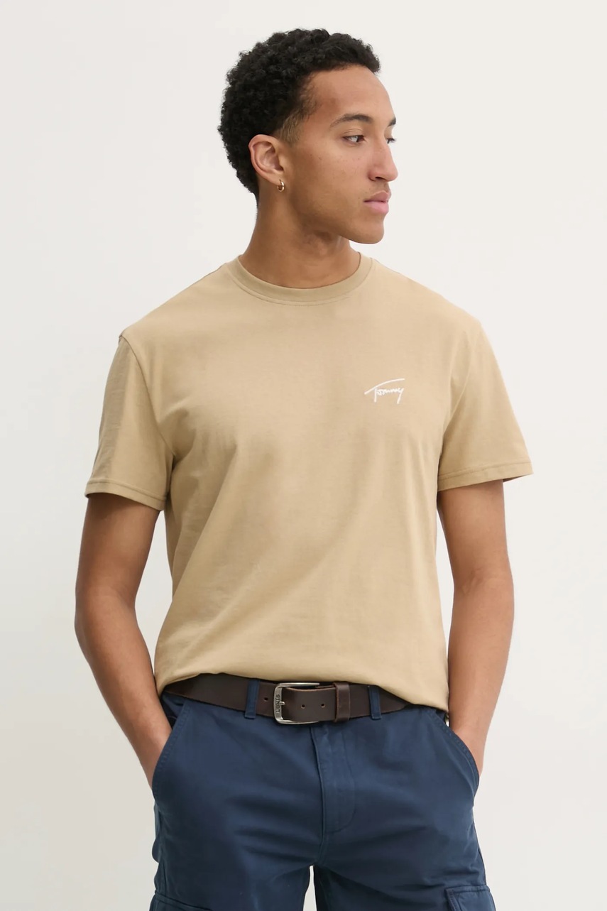 Tommy Jeans tricou din bumbac barbati, culoarea bej, cu imprimeu, DM0DM21140