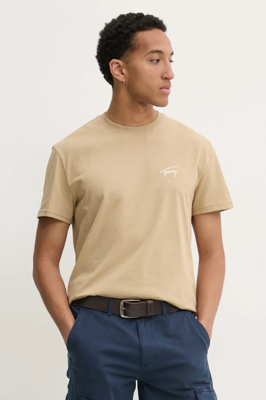 Tommy Jeans tricou din bumbac barbati, culoarea bej, cu imprimeu, DM0DM21140 Tommy Jeans tricou din bumbac barbati, culoarea bej, cu imprimeu, DM0DM21140