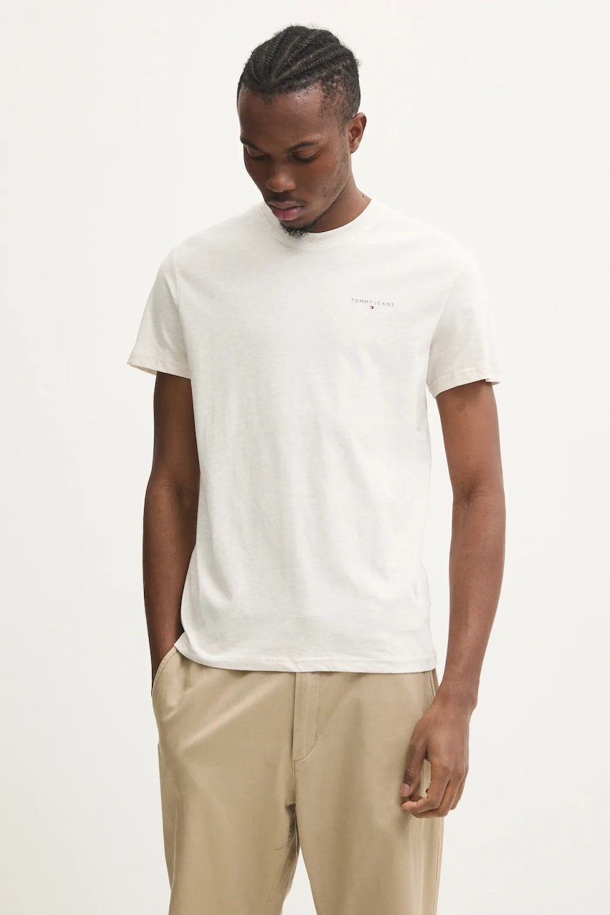 Tommy Jeans tricou din bumbac barbati, culoarea bej, neted, DM0DM21188