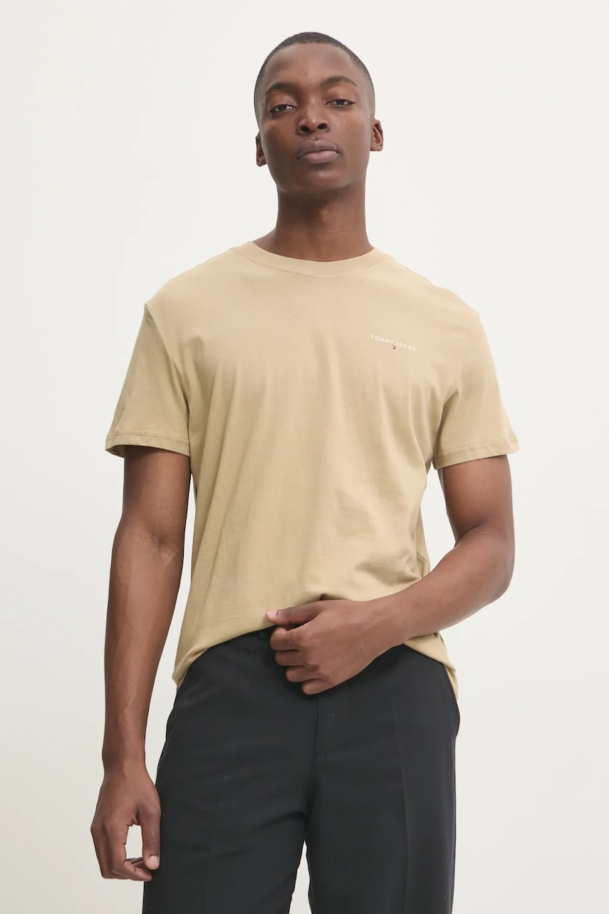 Tommy Jeans tricou din bumbac barbati, culoarea bej, neted, DM0DM21188 Tommy Jeans tricou din bumbac barbati, culoarea bej, neted, DM0DM21188
