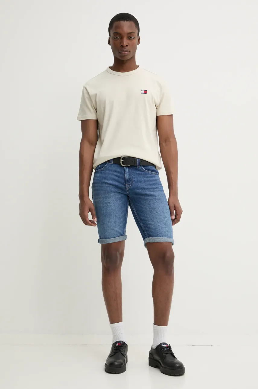 Хлопковая футболка Tommy Jeans мужская цвет бежевый однотонная DM0DM20322 Хлопковая футболка Tommy Jeans мужская цвет бежевый однотонная DM0DM20322