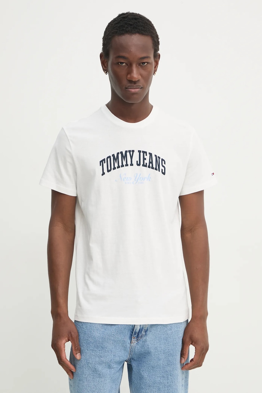 Tommy Jeans tricou din bumbac barbati, culoarea bej, cu imprimeu, DM0DM20362 Tommy Jeans tricou din bumbac barbati, culoarea bej, cu imprimeu, DM0DM20362