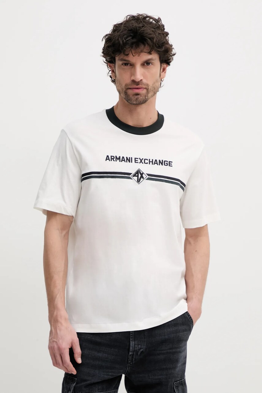 Armani Exchange tricou din bumbac barbati, culoarea bej, cu imprimeu, XM000274 AF12308
