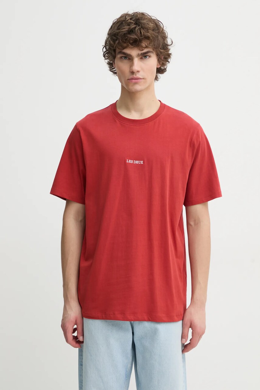 Les Deux tricou din bumbac barbati, culoarea rosu, neted, LDM101184