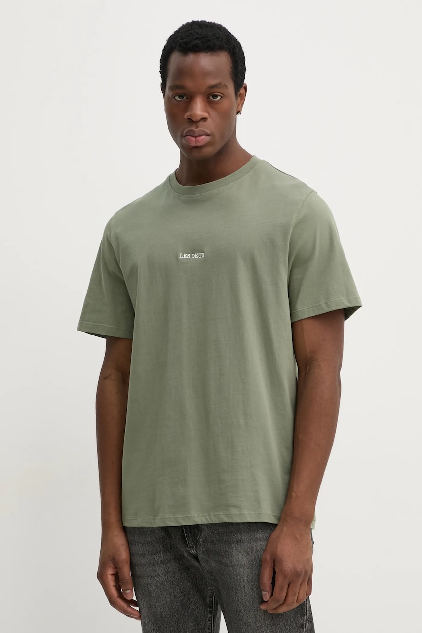 Les Deux tricou din bumbac barbati, culoarea verde, neted, LDM101184