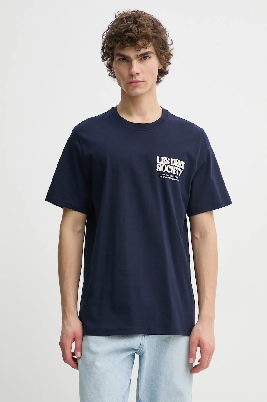 Les Deux tricou din bumbac barbati, culoarea albastru marin, cu imprimeu, LDM101213 Les Deux tricou din bumbac barbati, culoarea albastru marin, cu imprimeu, LDM101213