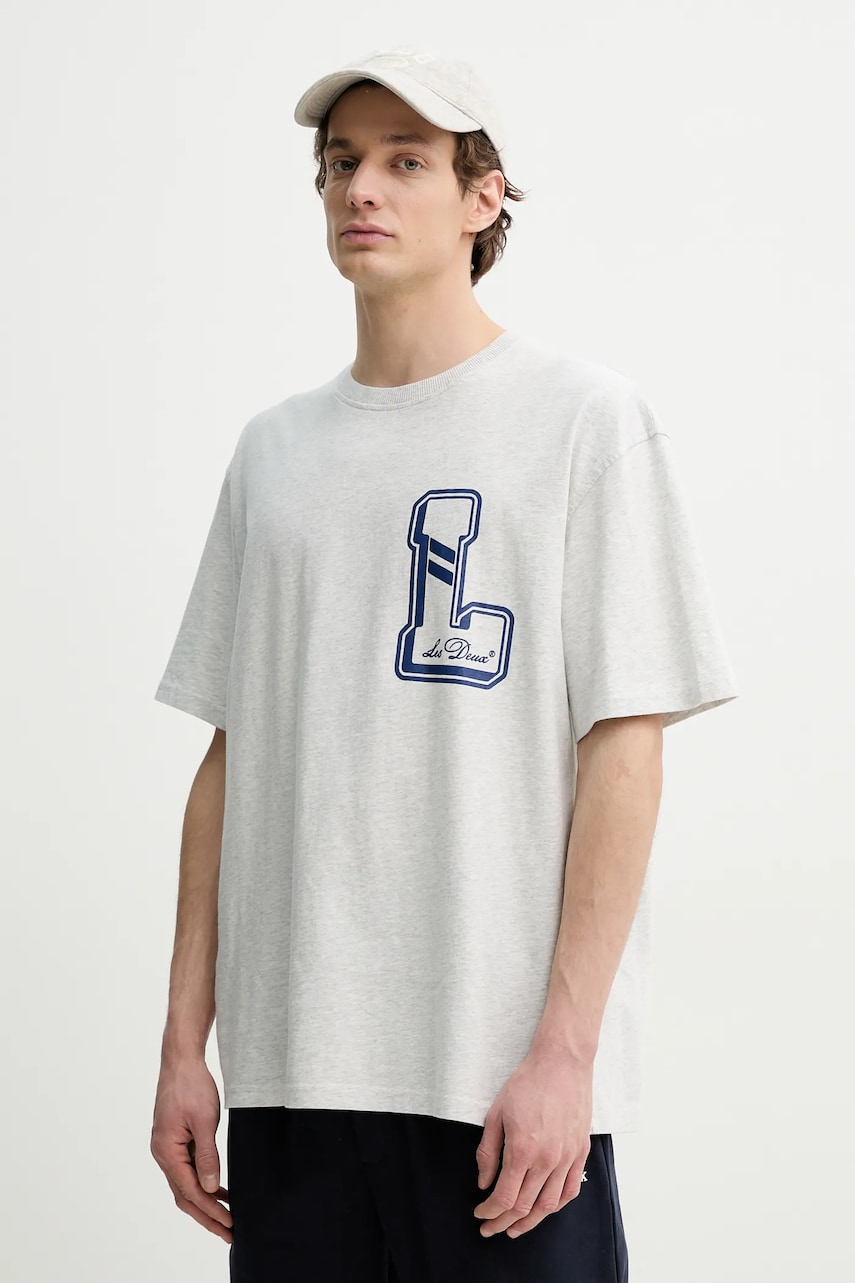 Les Deux tricou din bumbac barbati, culoarea gri, cu imprimeu, LDM101215 Les Deux tricou din bumbac barbati, culoarea gri, cu imprimeu, LDM101215