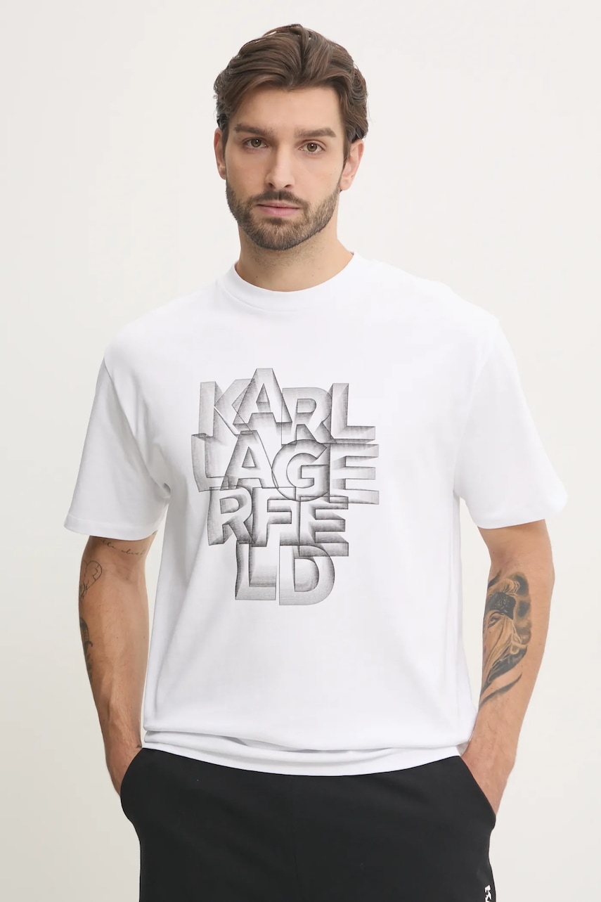Karl Lagerfeld tricou din bumbac bărbați, culoarea alb, cu imprimeu, 551230.755186