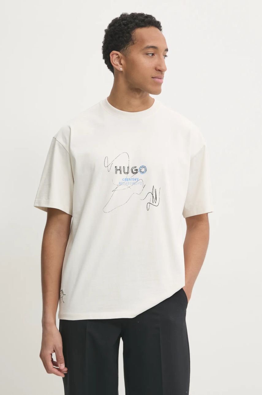 Hugo Blue tricou din bumbac barbati, culoarea bej, cu imprimeu, 50530441