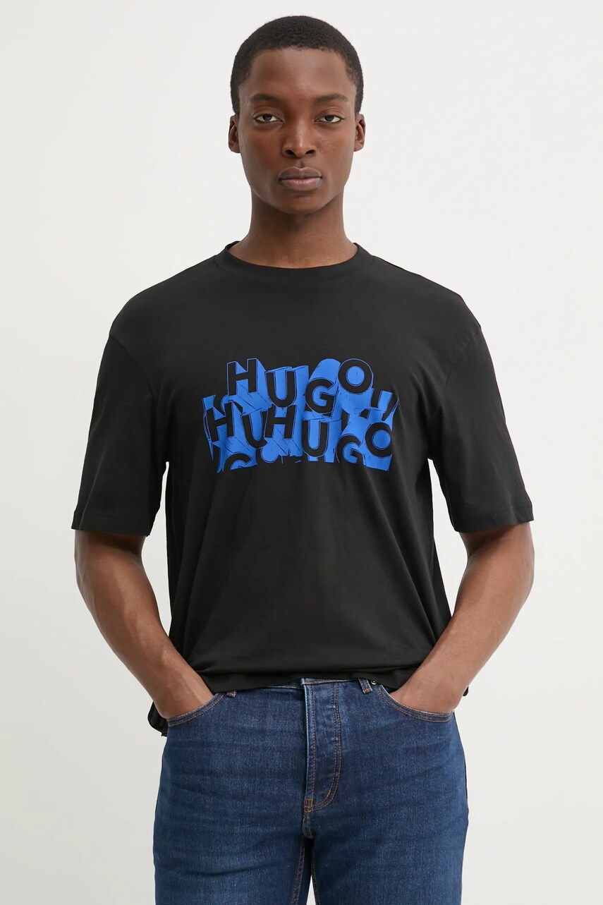 Levně Bavlněné tričko Hugo Blue černá barva, s potiskem, 50533528