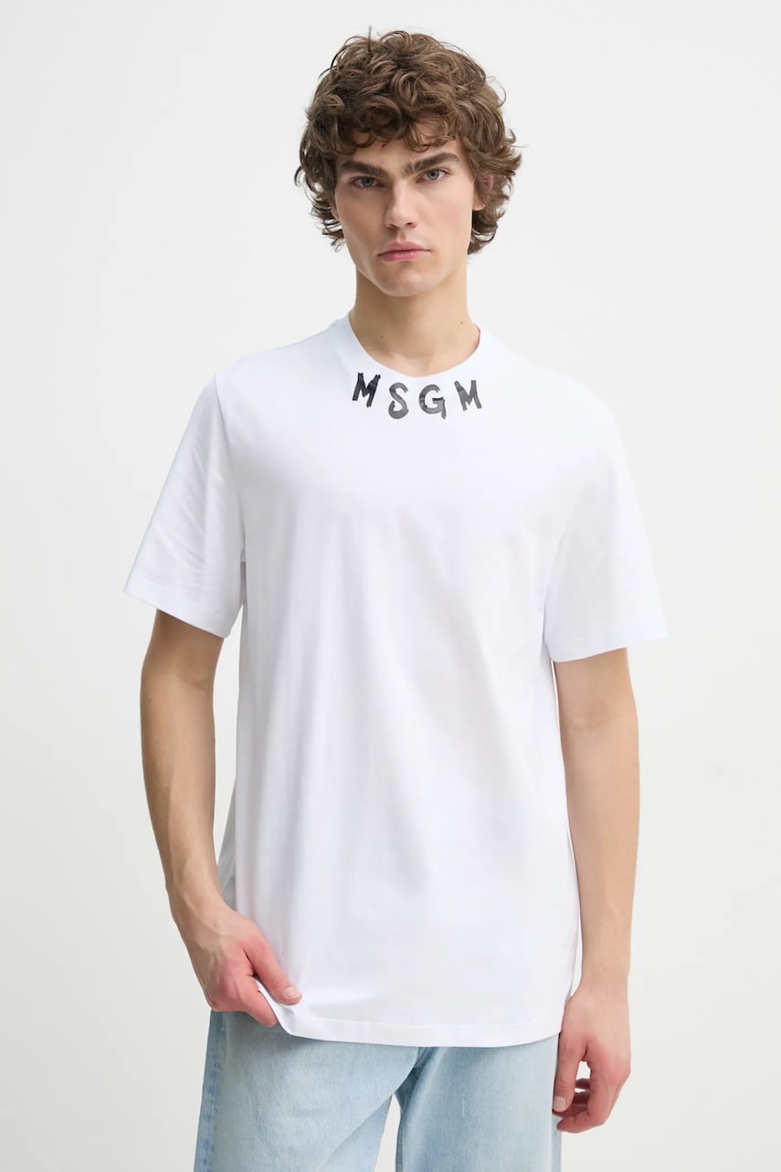 MSGM tricou din bumbac barbati, culoarea alb, cu imprimeu, 3840MM102.257002