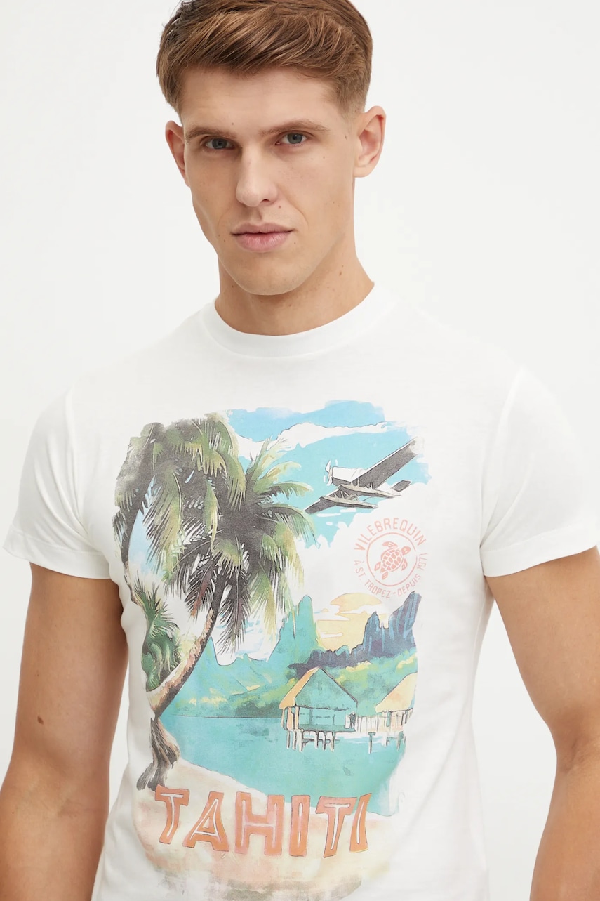 Vilebrequin tricou din bumbac PORTISOL barbati, culoarea alb, cu imprimeu, PTSB9V90
