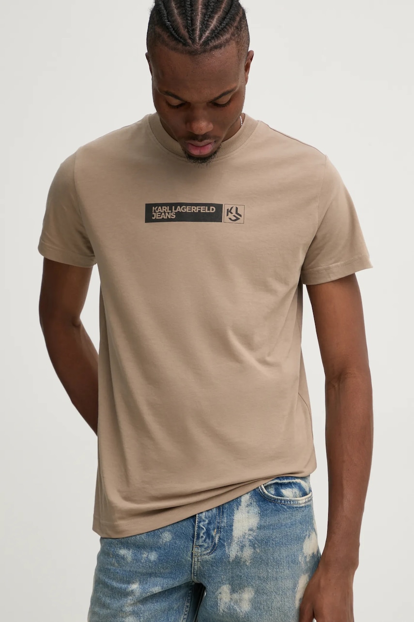Karl Lagerfeld Jeans tricou barbati, culoarea bej, cu imprimeu, A1M17112