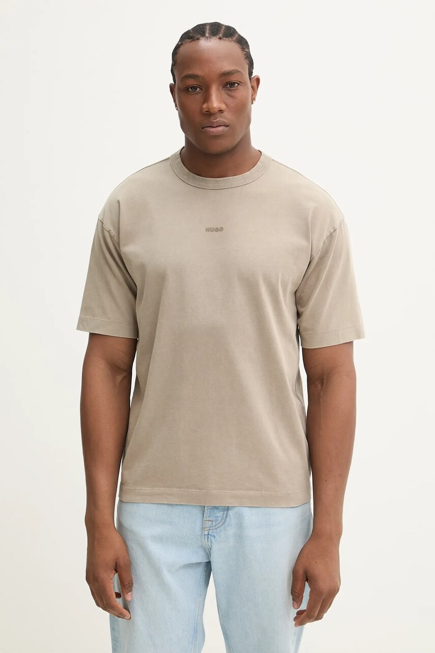 HUGO tricou din bumbac barbati, culoarea maro, neted, 50531739