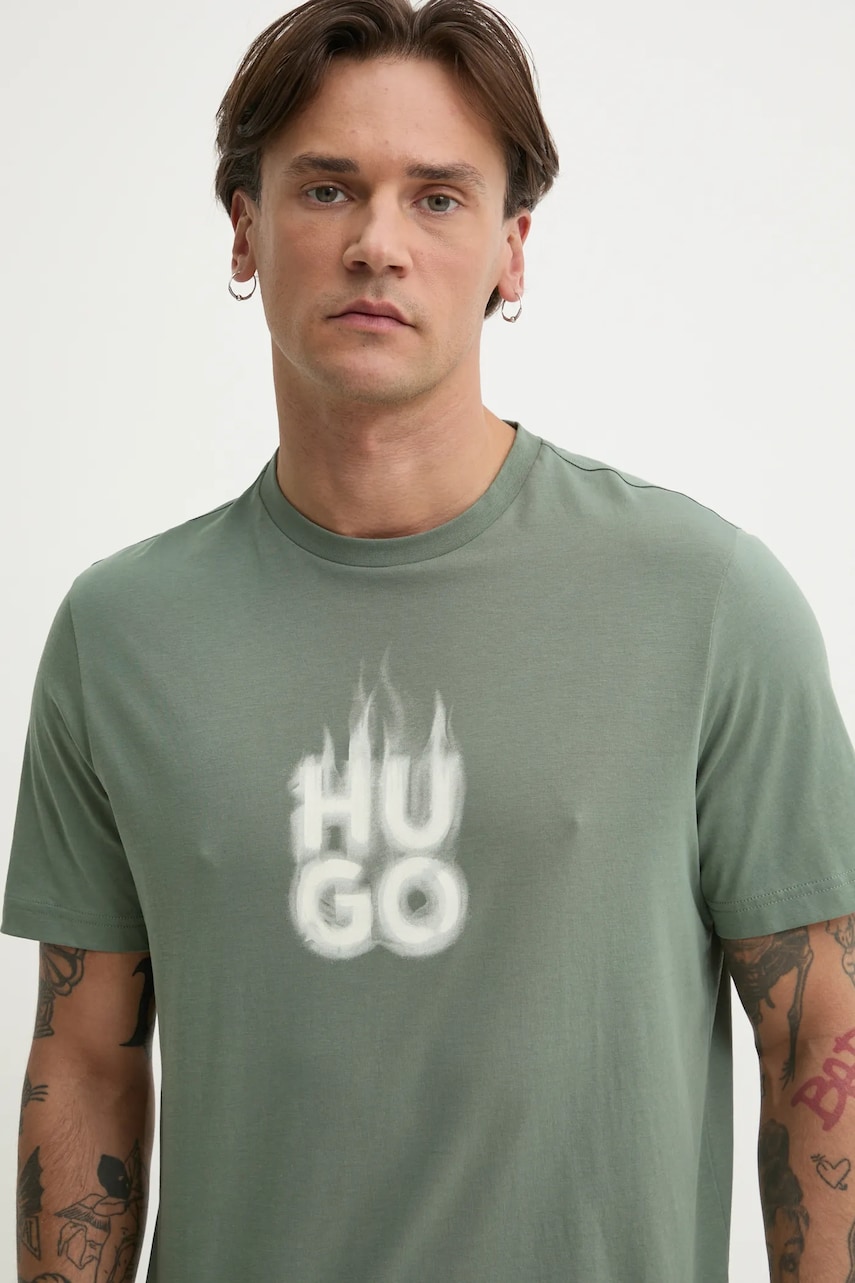 HUGO tricou barbati, culoarea verde, cu imprimeu, 50535363