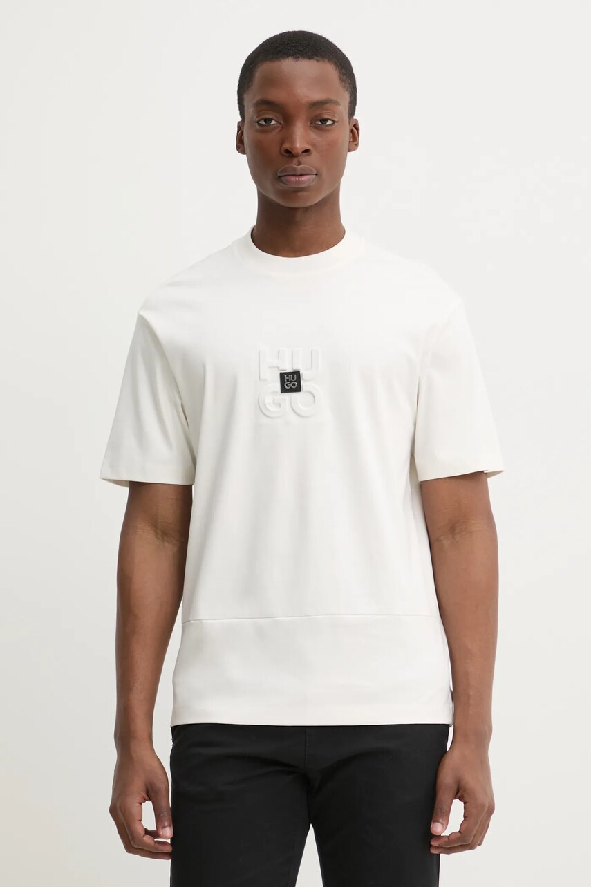 HUGO tricou din bumbac bărbați, culoarea bej, cu imprimeu, 50535499