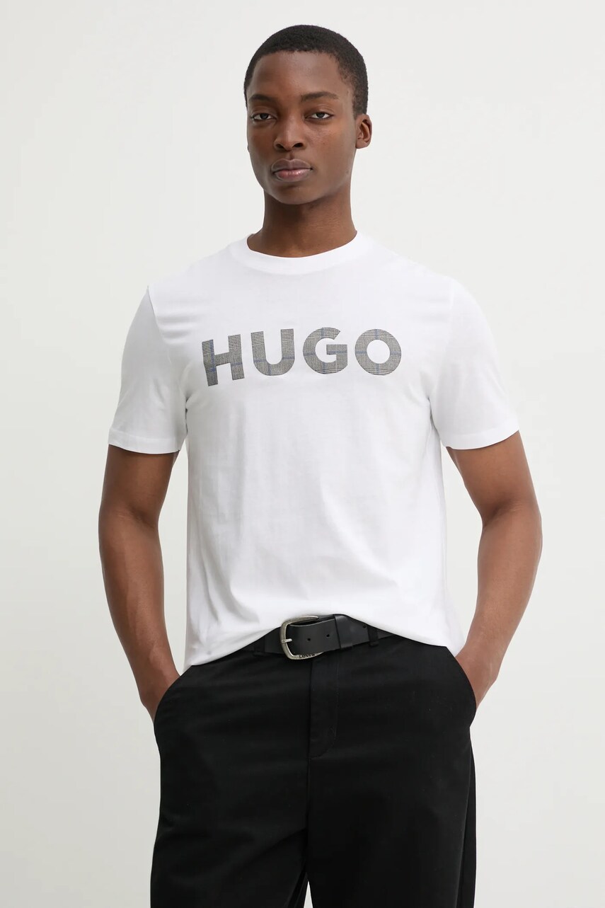 Levně Bavlněné tričko HUGO bílá barva, s potiskem, 50534622
