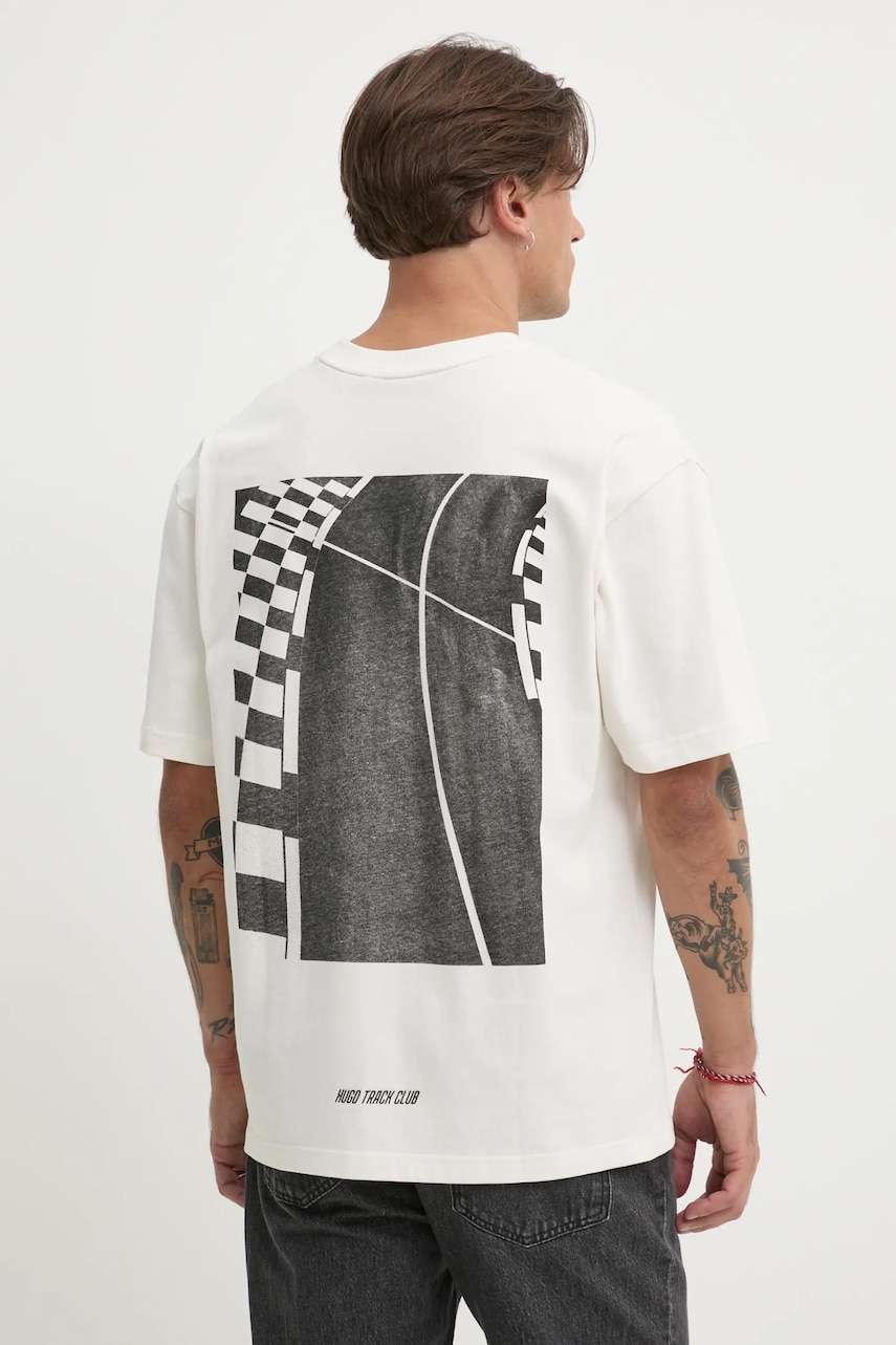 HUGO tricou din bumbac barbati, culoarea bej, cu imprimeu, 50531758