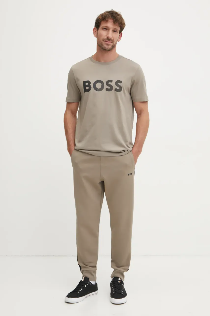 Хлопковая футболка BOSS Green мужская цвет бежевый с принтом 50530990 Хлопковая футболка BOSS Green мужская цвет бежевый с принтом 50530990
