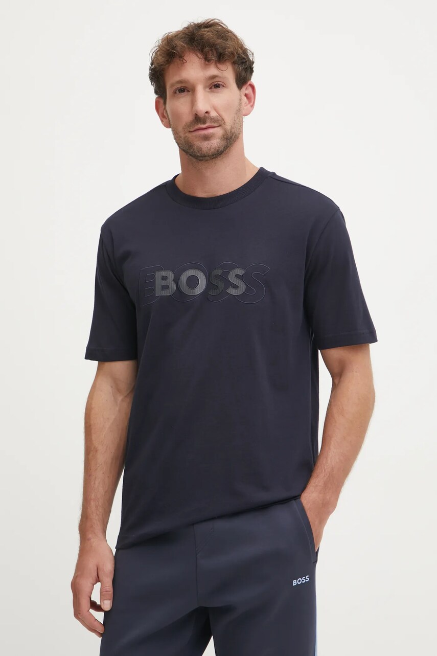 Boss Green tricou din bumbac bărbați, culoarea bleumarin, cu imprimeu, 50531271
