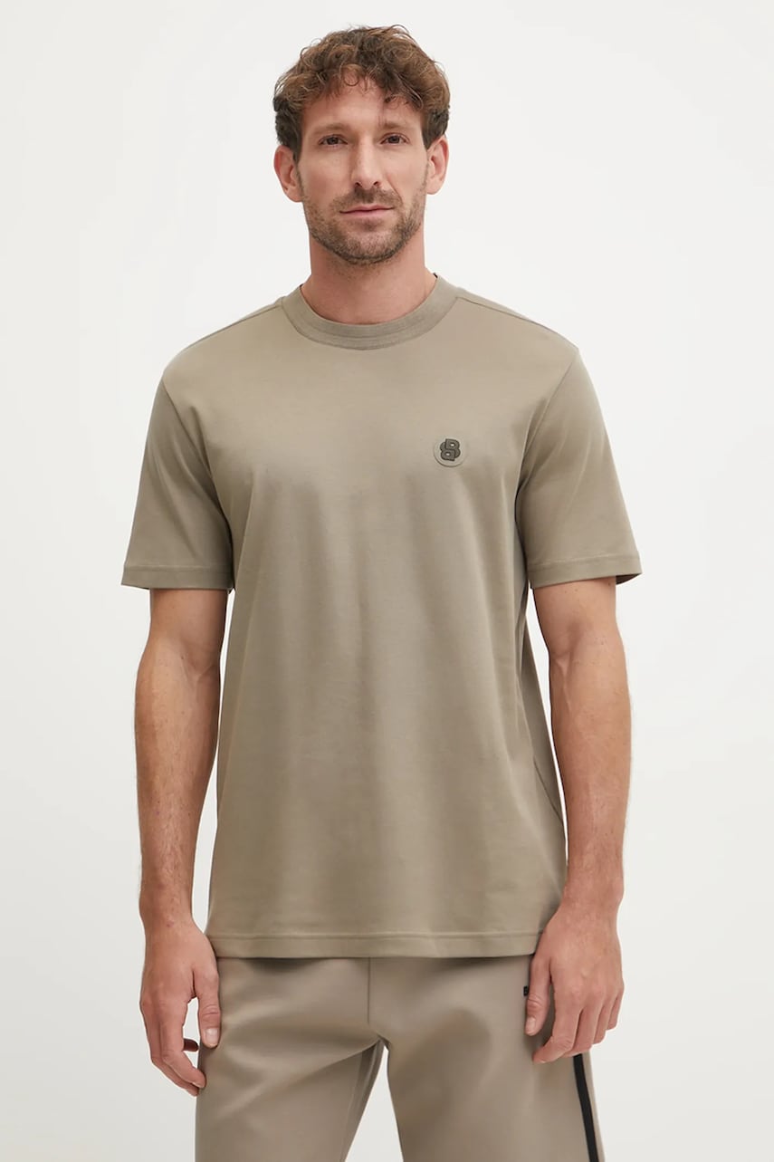 BOSS Green tricou din bumbac barbati, culoarea bej, cu imprimeu, 50531569 BOSS Green tricou din bumbac barbati, culoarea bej, cu imprimeu, 50531569