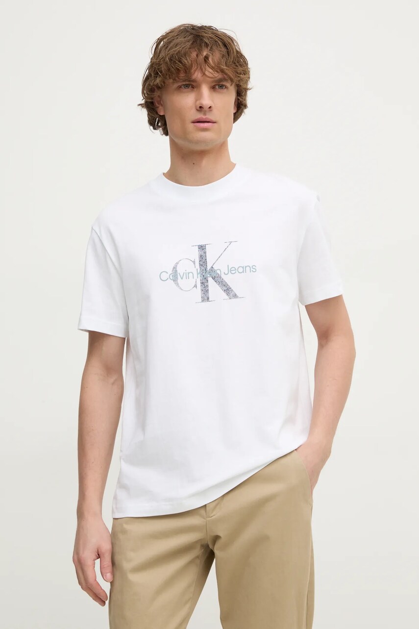Levně Bavlněné tričko Calvin Klein Jeans béžová barva, s potiskem, J30J327086