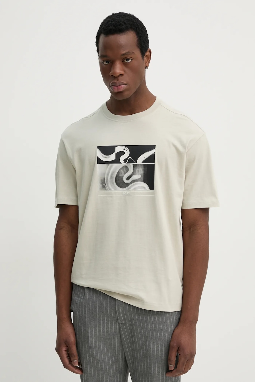 Boss Orange tricou din bumbac barbati, culoarea bej, cu imprimeu, 50534919