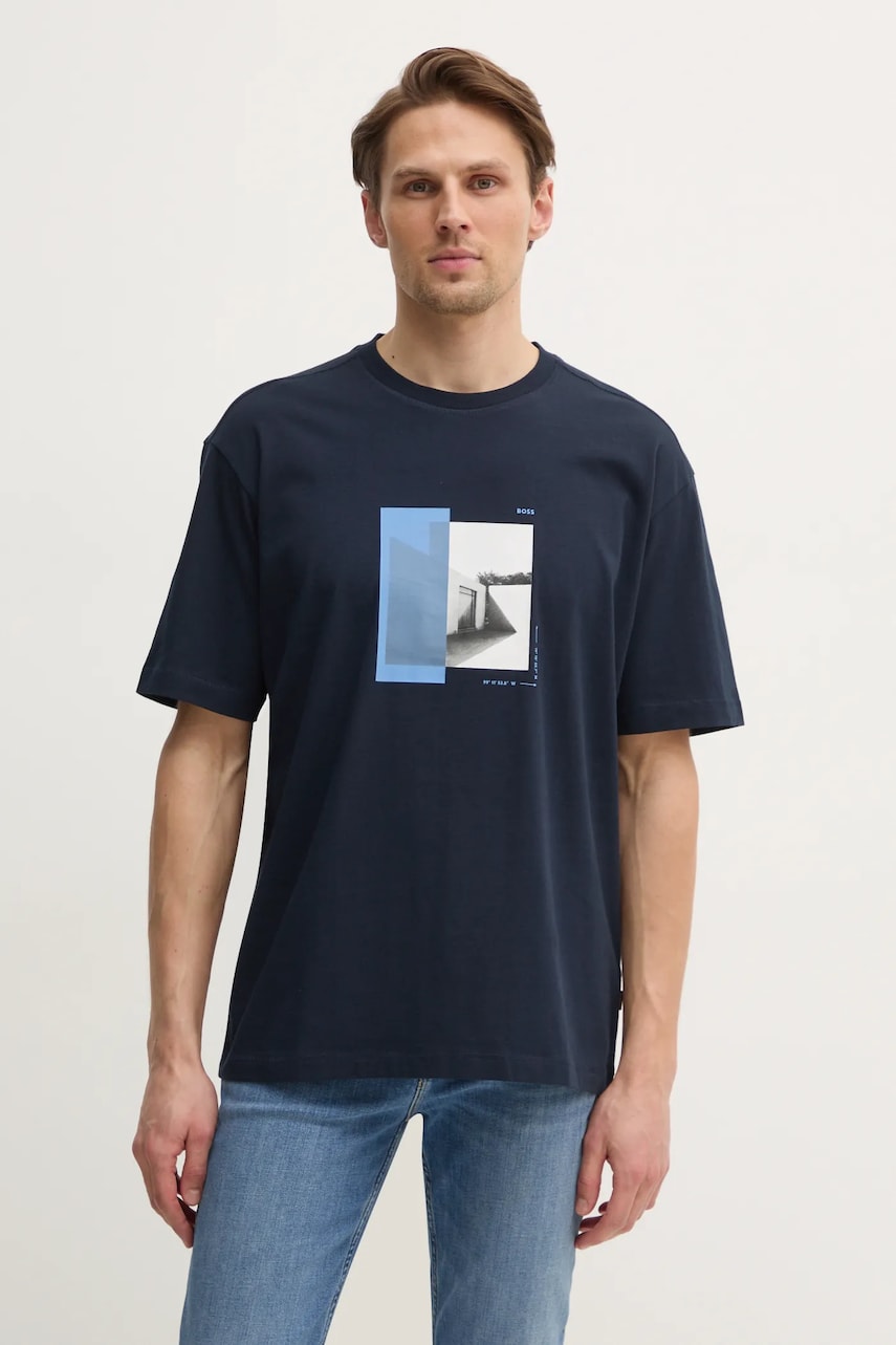 Boss Orange tricou din bumbac barbati, culoarea albastru marin, cu imprimeu, 50534919 Boss Orange tricou din bumbac barbati, culoarea albastru marin, cu imprimeu, 50534919