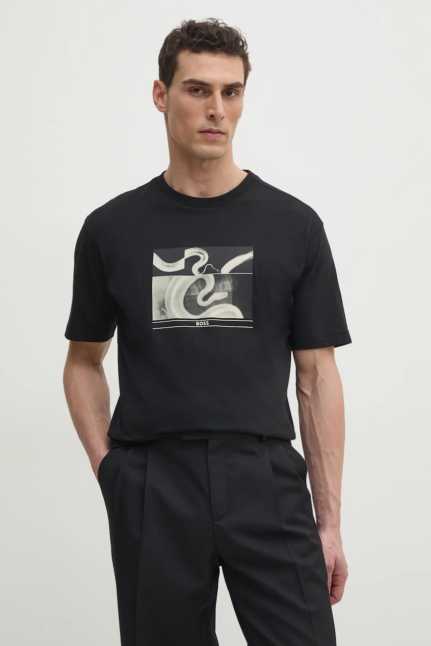 Boss Orange tricou din bumbac barbati, culoarea negru, cu imprimeu, 50534919