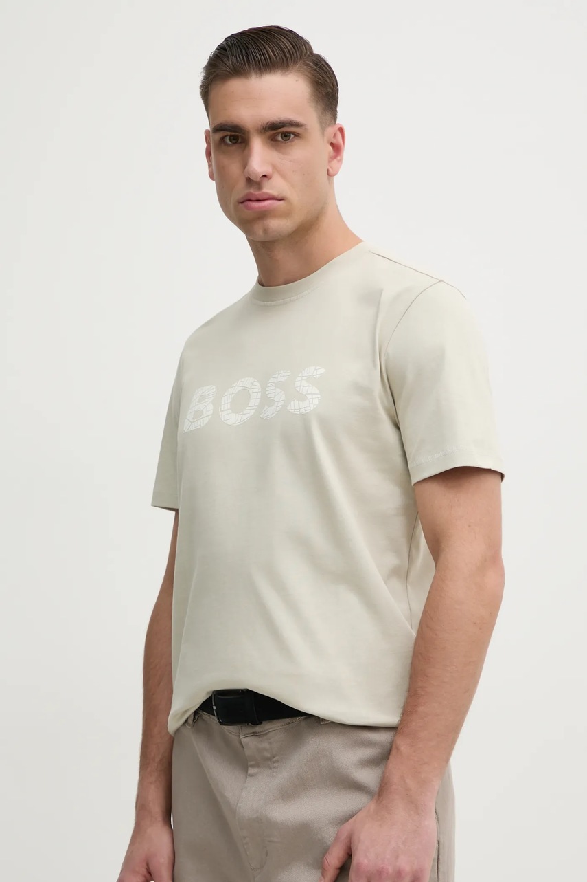 BOSS Orange tricou din bumbac barbati, culoarea bej, cu imprimeu, 50534923