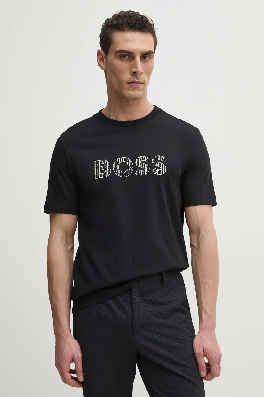 BOSS Orange tricou din bumbac barbati, culoarea negru, cu imprimeu, 50534923
